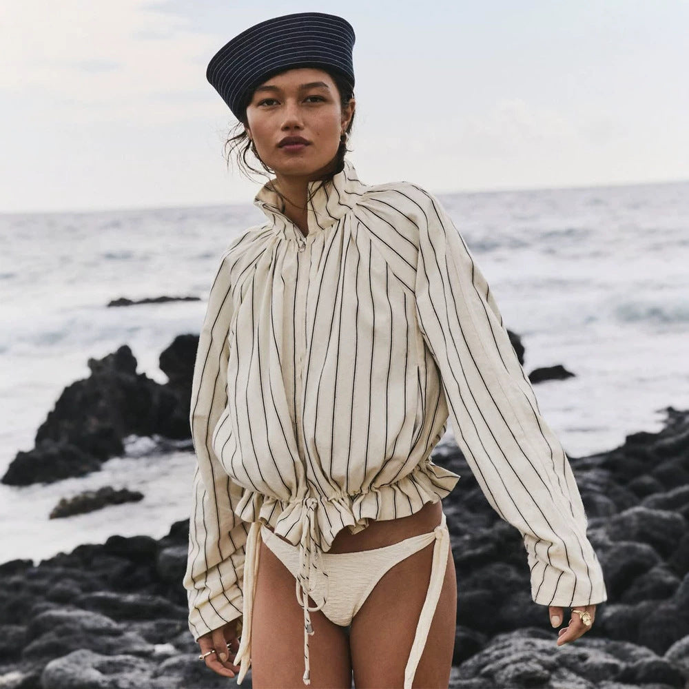 Women's Lightweight Striped Cropped Blouse with Drawstring Hem, Stand-up Collar and Half Zipper Front