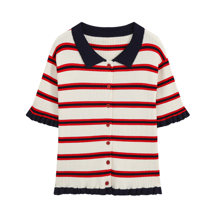 Women's Short-Sleeved Ribbed Polo Collar Cardigan with Button Placket and Ruffle Hem Mune Fashion