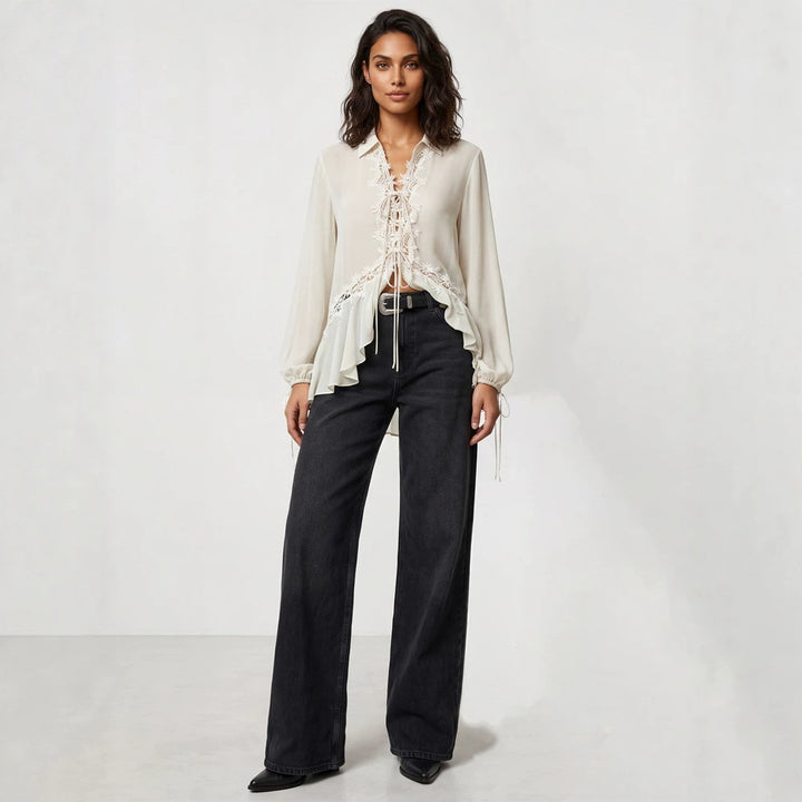 Women Transparent Chiffon Blouse with Lace Trim, Tie Band & Asymmetrical Ruffle Hem Mune Fashion