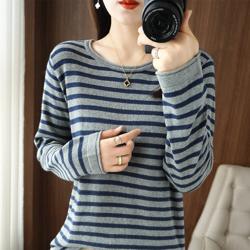 Women’s maritime inspired cotton fine-knit sweater with stripes and slightly boxy silhouette Mune Fashion