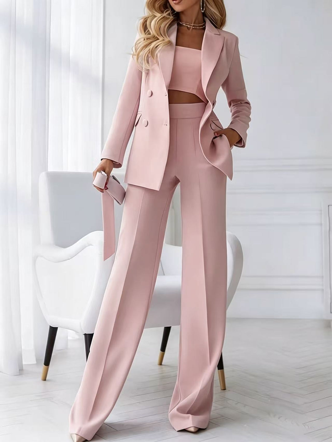 Women's two-piece business pantsuit with tailored double-breasted blazer and high-waisted palazzo pants Mune Fashion