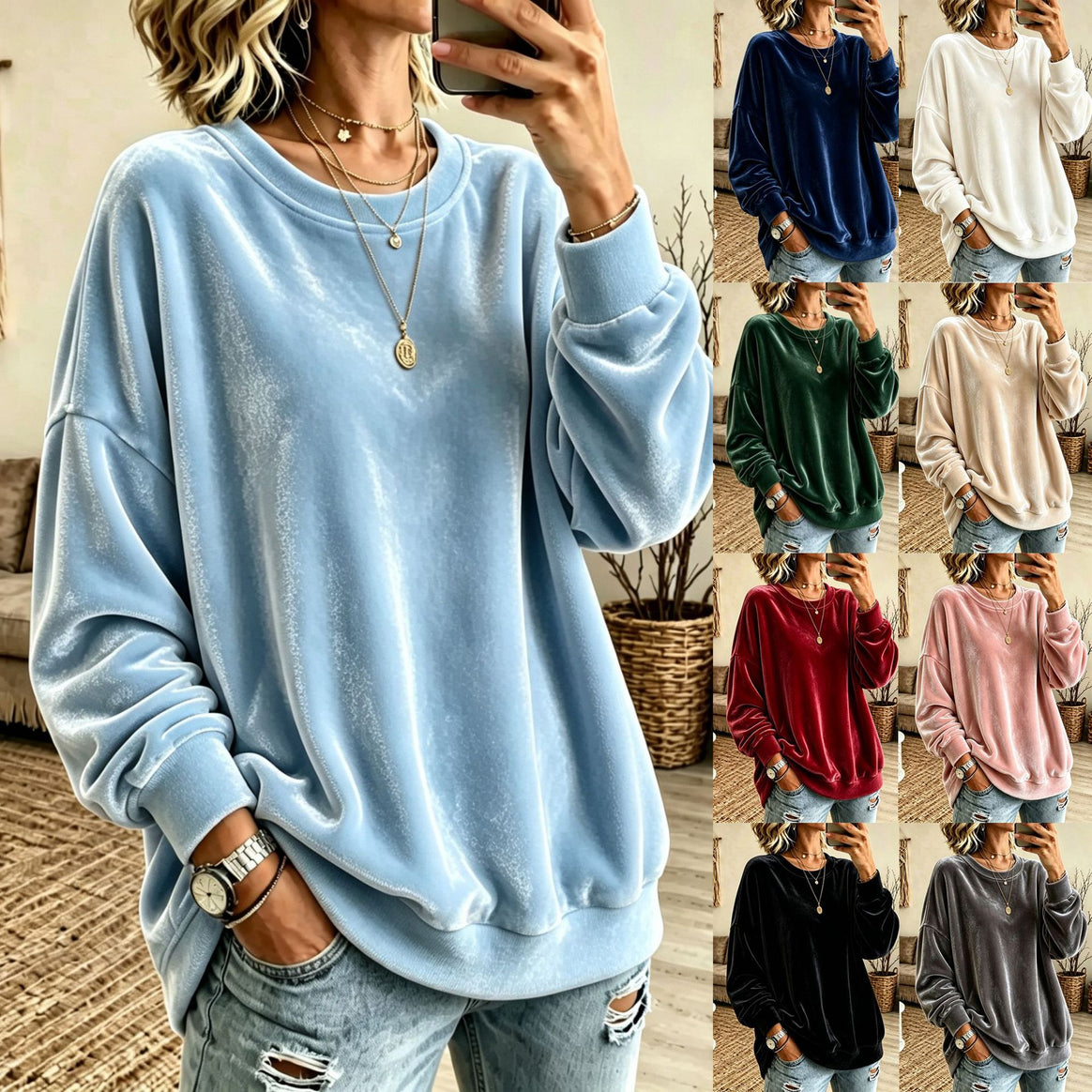 Women Oversized Velvet Sweater with Loose Fit and Ribbed Hem Mune Fashion