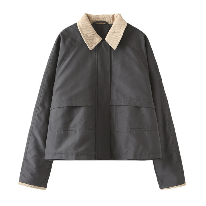 Women's short jacket with cord collar, concealed front placket and large patch pockets Mune Fashion