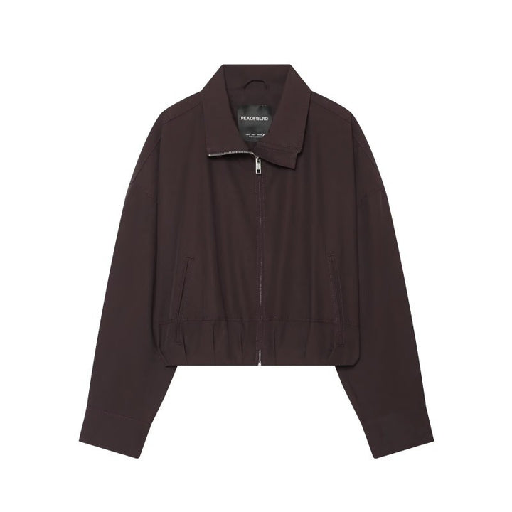 Women Cropped Boxy Jacket with Zipper, Stand-Up Collar and Elastic Hem Mune Fashion
