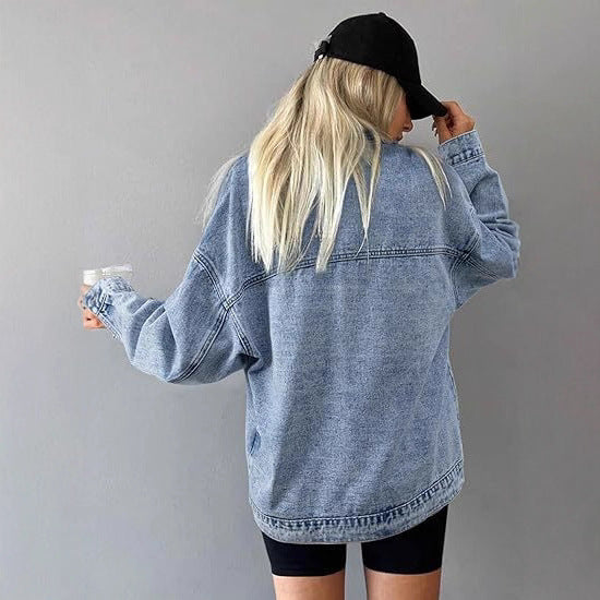 Women's Oversized Jeans Jacket with Boxy Cut and Distinctive Stitching Details Mune Fashion