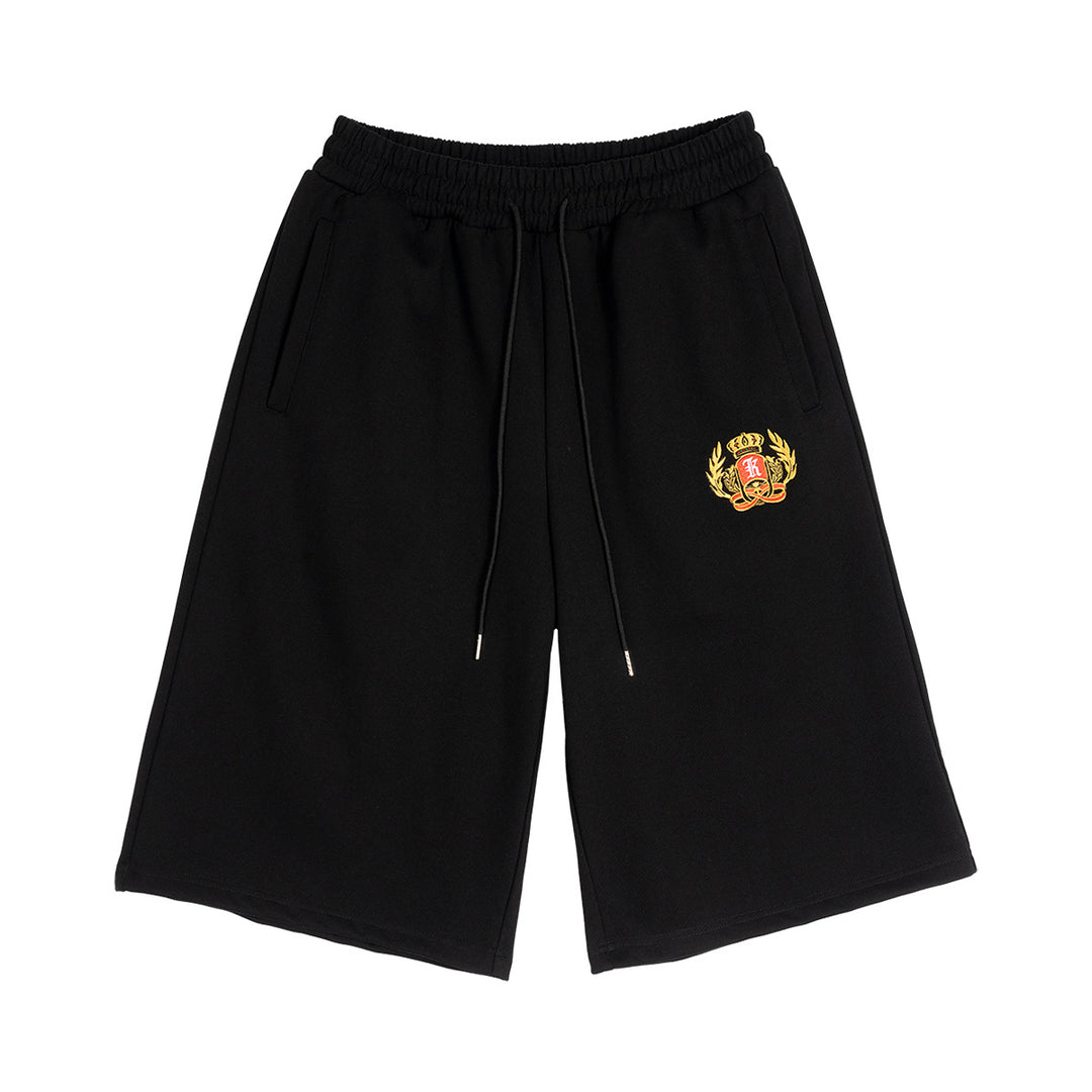 Men's Knee-Length French Terry Sweat Shorts with Drawstring and Embroidered Crest Mune Fashion