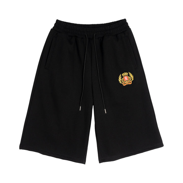Men's Knee-Length French Terry Sweat Shorts with Drawstring and Embroidered Crest Mune Fashion