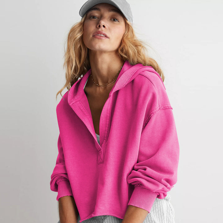 Women Oversize Hooded Sweatshirt with Deep V-Neck, Open Placket and Raw Hem Mune Fashion