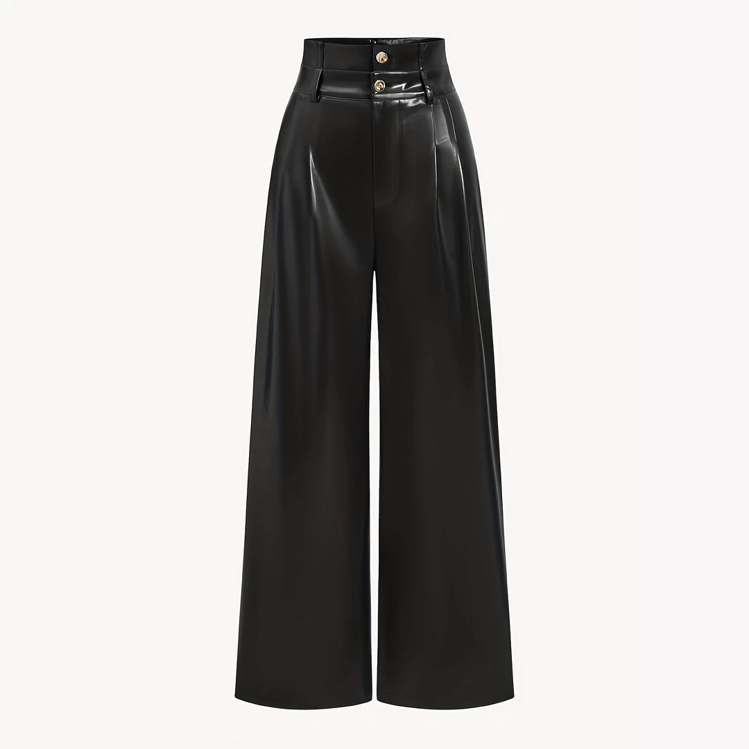 Women High-Waisted Wide-Leg Faux Leather Trousers with Decorative Buttons Mune Fashion