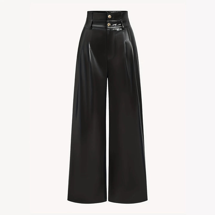 Women High-Waisted Wide-Leg Faux Leather Trousers with Decorative Buttons Mune Fashion