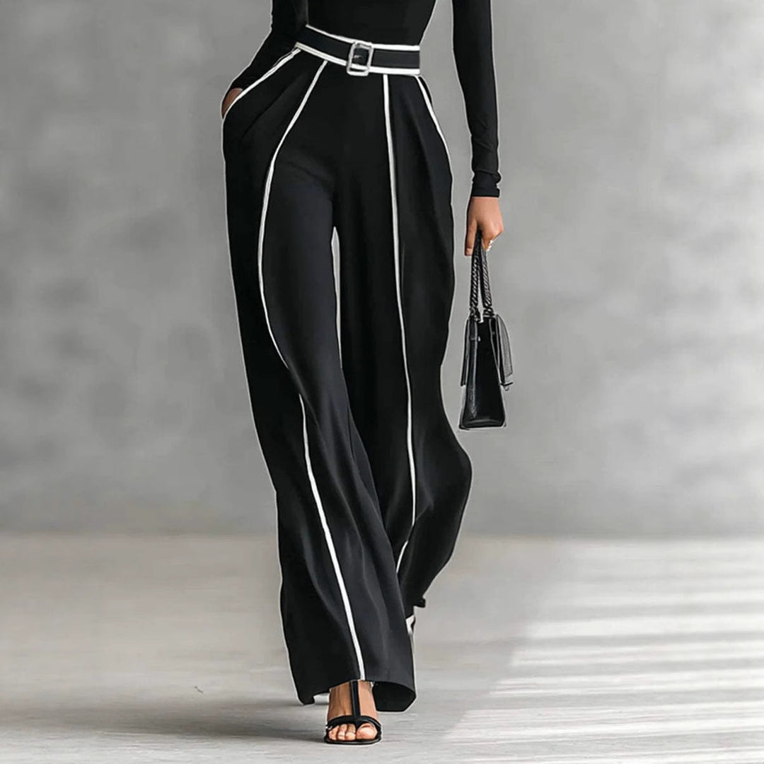 Women's Two-Piece Ensemble consisting of a form-fitting turtleneck bodysuit and wide-cut high-waisted trousers with belt Mune Fashion