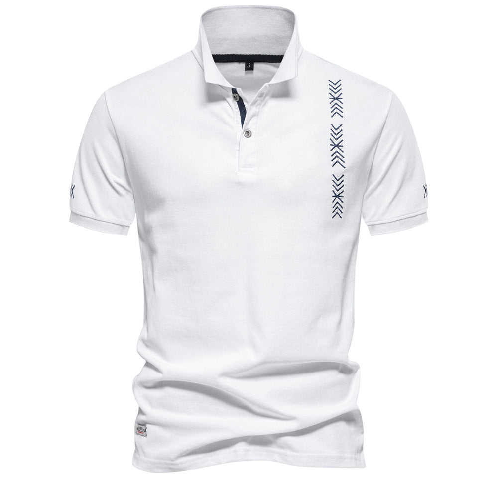 Men's nan casual polo with short button placket, embroidered arrow motif panel, and stand-up collar Mune Fashion