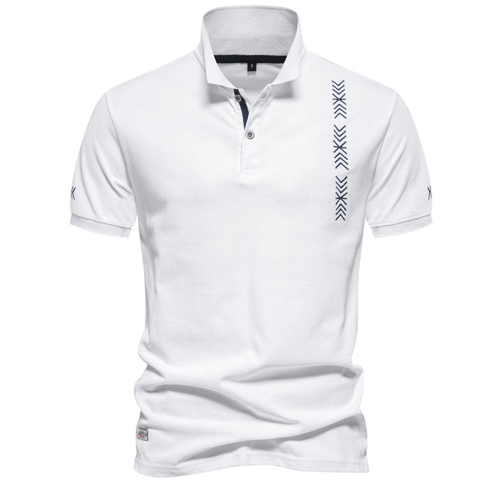 Men's nan casual polo with short button placket, embroidered arrow motif panel, and stand-up collar Mune Fashion