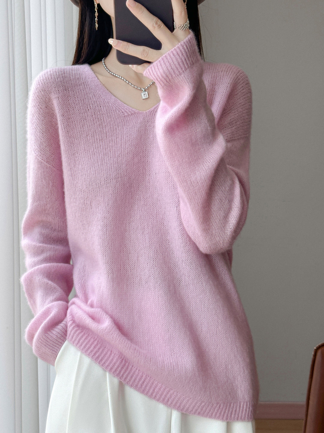 Women's Oversized Fine Knit Sweater with Fine V-Neck and Extended Sleeve Hem Mune Fashion