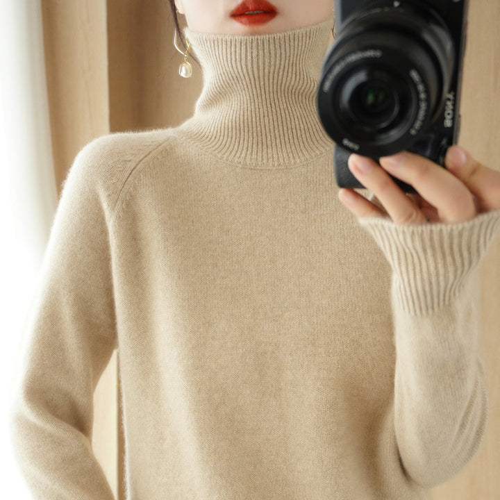 Women's Luxury Fine Knit Turtleneck Sweater with Thumbhole Cuffs and Feminine Shoulder Yoke Mune Fashion