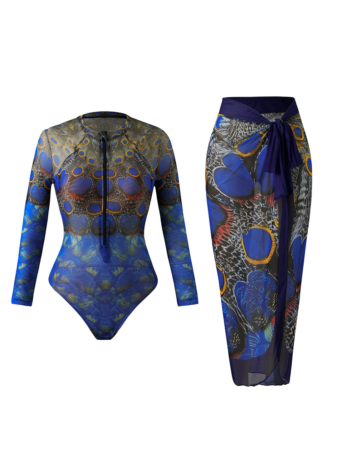 Women Elegant Swimsuit with Long Sleeve and Transparent Wrap Skirt Mune Fashion