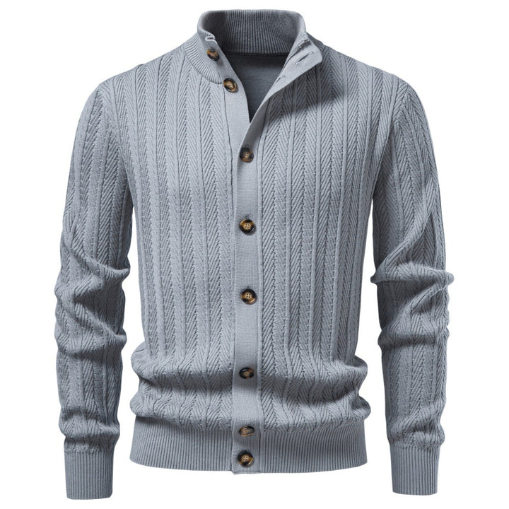 Men's Fine Knit Button Cardigan with Cable Pattern and Stand-Up Collar Mune Fashion