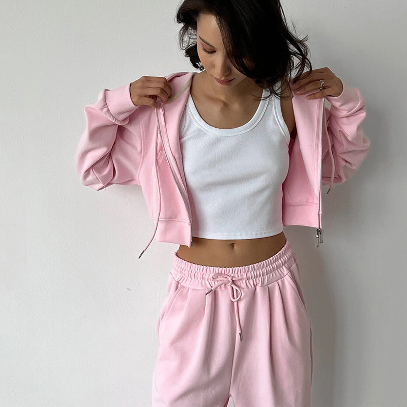 Women's Short Zip Hoodie Set with High-Waisted Wide Lounge Pants Mune Fashion