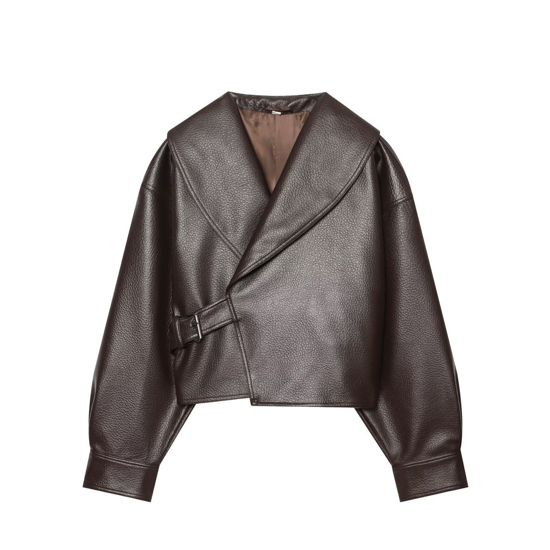 Women's Short Faux Leather Blouson with Wide Shawl Collar and Waist Strap Drune