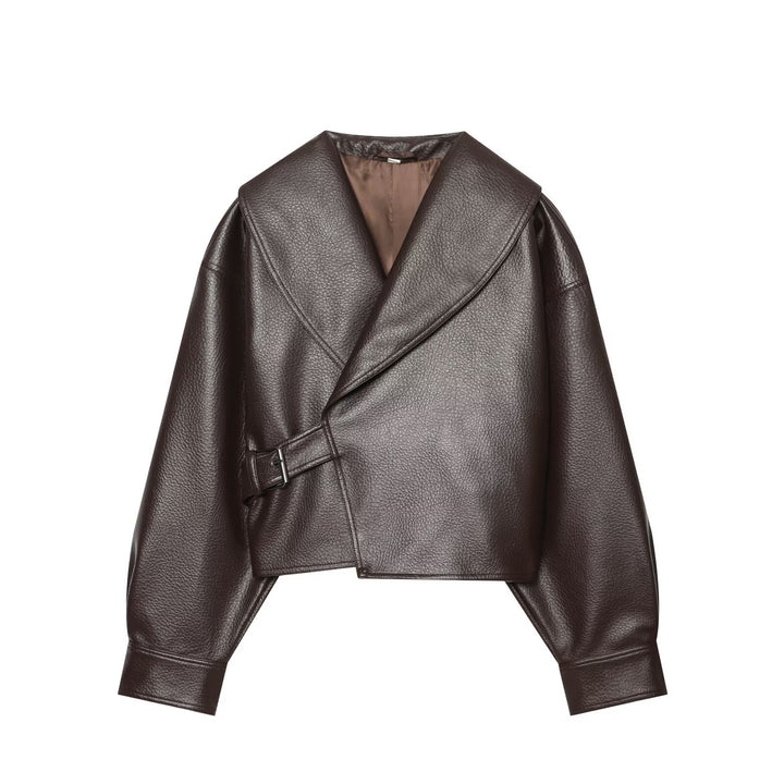 Women's Short Faux Leather Blouson with Wide Shawl Collar and Waist Strap Drune