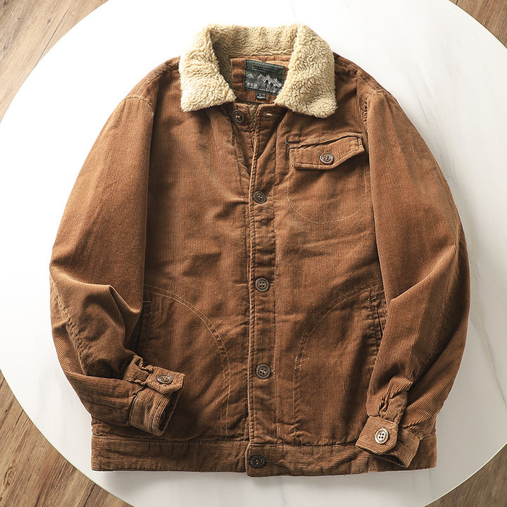 Men's non-padded cord jacket with teddy collar, button placket and patch pockets.