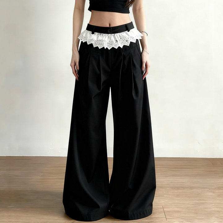Women's Palazzo Pants with High Waist and Decorative Lace Ruffle Mune Fashion