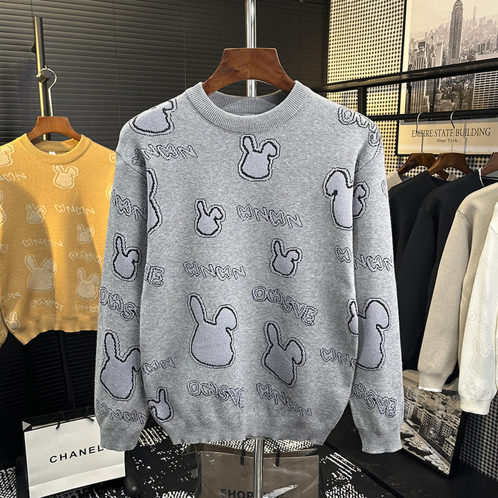 Unisex fine knit pullover with discreet jacquard rabbit relief and round neck Mune Fashion