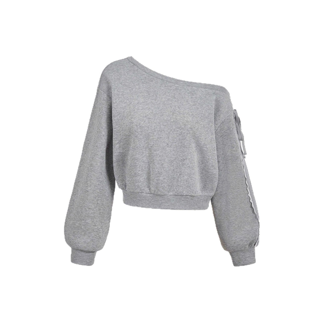 Women's Cropped One-Shoulder Sweatshirt with Balloon Sleeves and Lacing Detail Mune Fashion