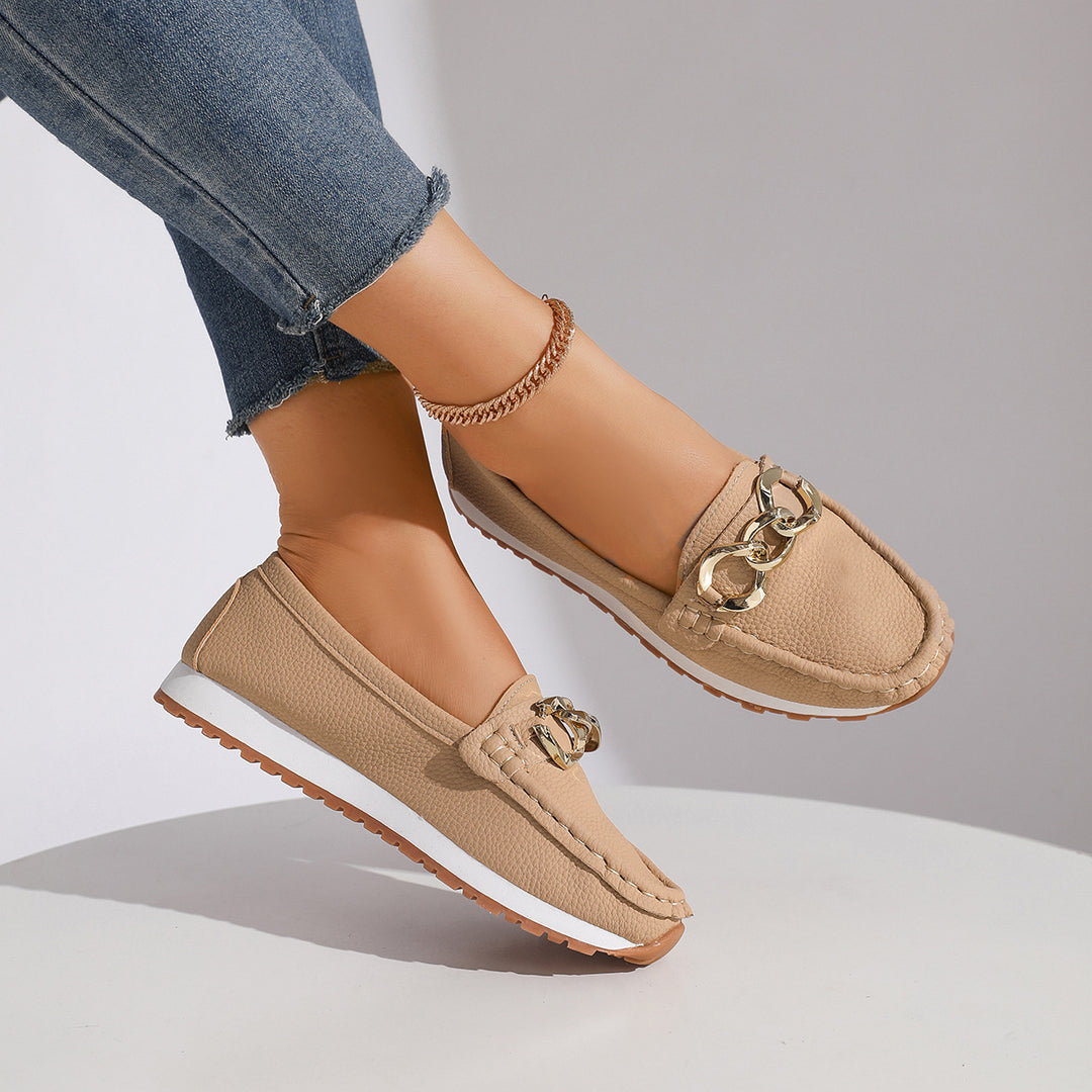 Women's Fashion Moccasin Slippers with Golden Chain and Profilated Rubber Sole Mune Fashion