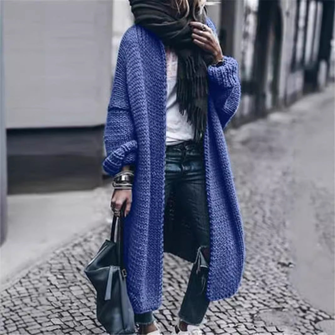 Women's Long Chunky Knit Mantle Cardigan with Drop Shoulder and Open Front Mune Fashion