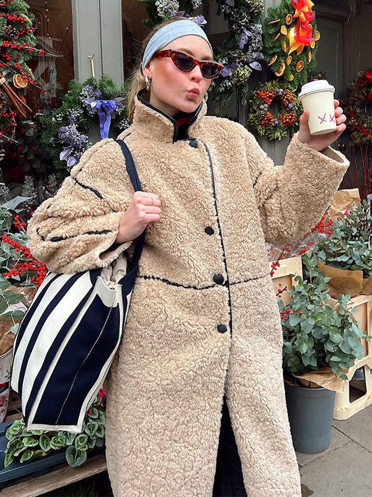 Women's Long Teddy Coat with Contrast Seams, Stand Collar and Button Placket Mune Fashion