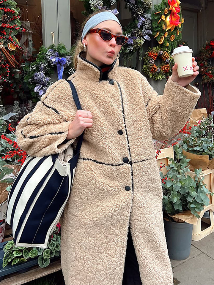 Women's Long Teddy Coat with Contrast Seams, Stand Collar and Button Placket Mune Fashion