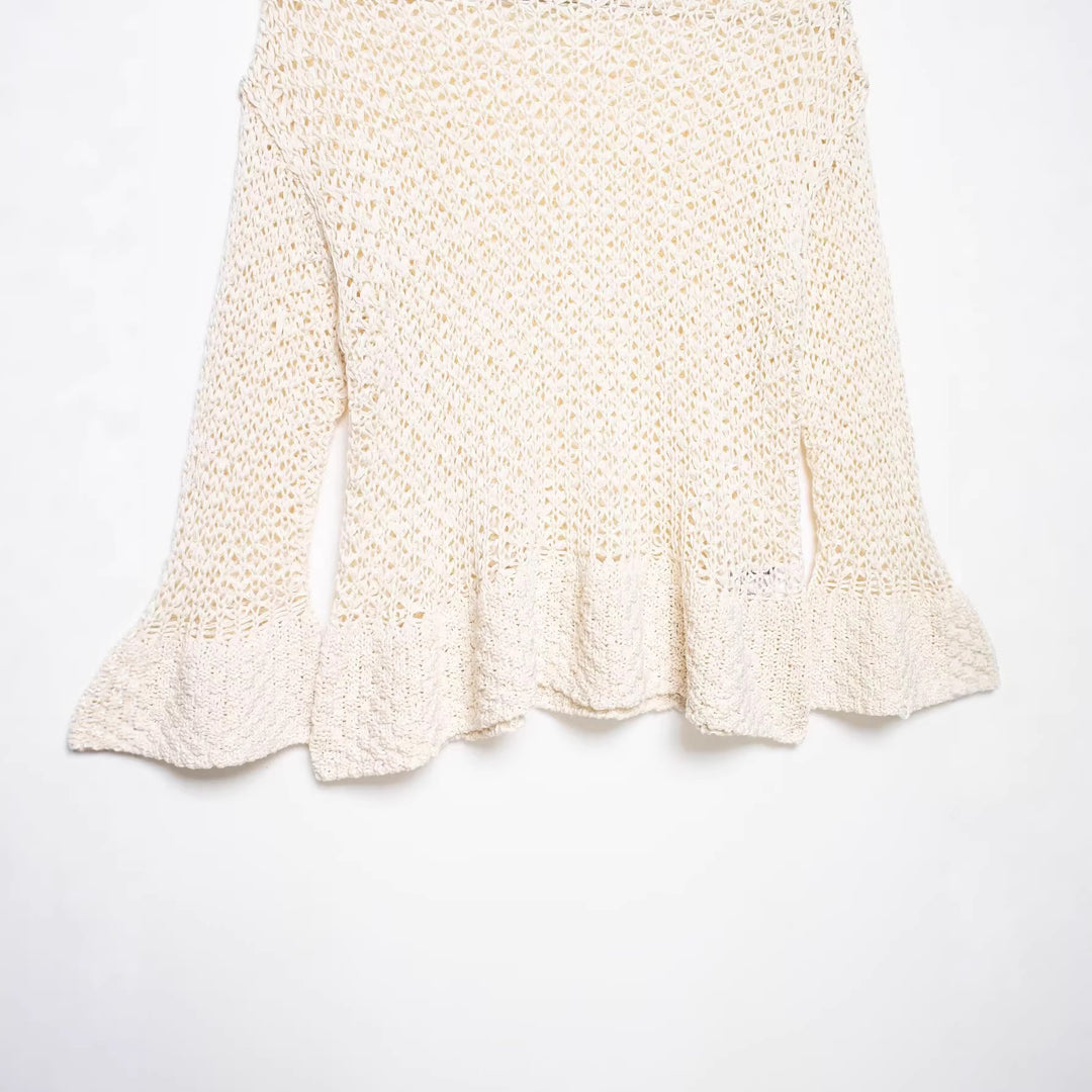 Women's Open Crochet Knit Sweater with Flared Ruffle Hem Mune Fashion