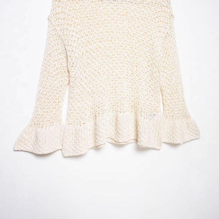 Women's Open Crochet Knit Sweater with Flared Ruffle Hem Mune Fashion