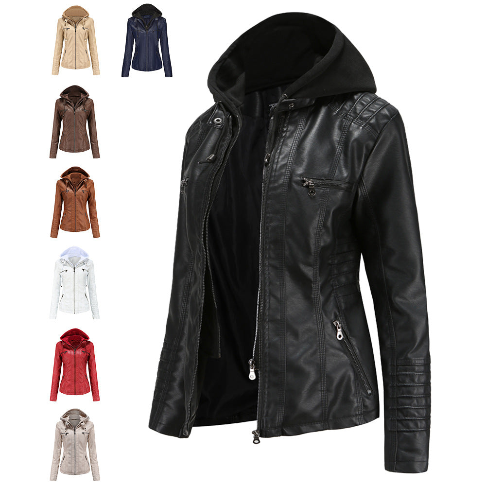 Women nan tailored faux leather jacket with hood, quilted arm flap and concealed zipper pockets Mune Fashion