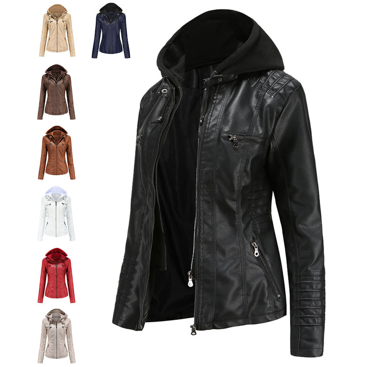 Women nan tailored faux leather jacket with hood, quilted arm flap and concealed zipper pockets Mune Fashion