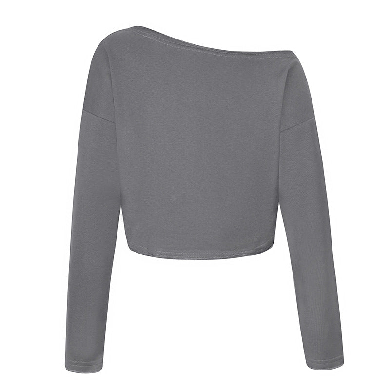 Women's cropped long sleeve shirt with wide boat neckline and dropped shoulders Mune Fashion