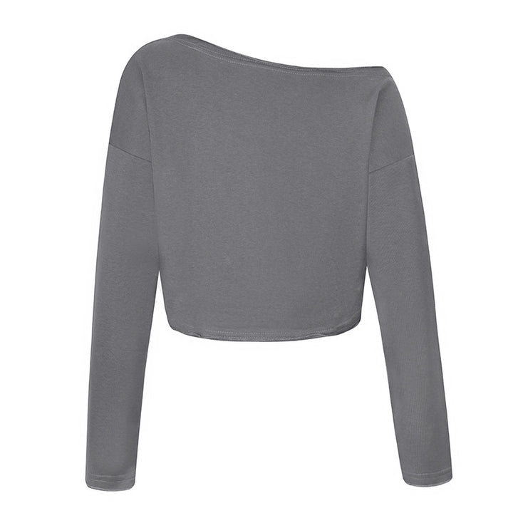 Women's cropped long sleeve shirt with wide boat neckline and dropped shoulders Mune Fashion