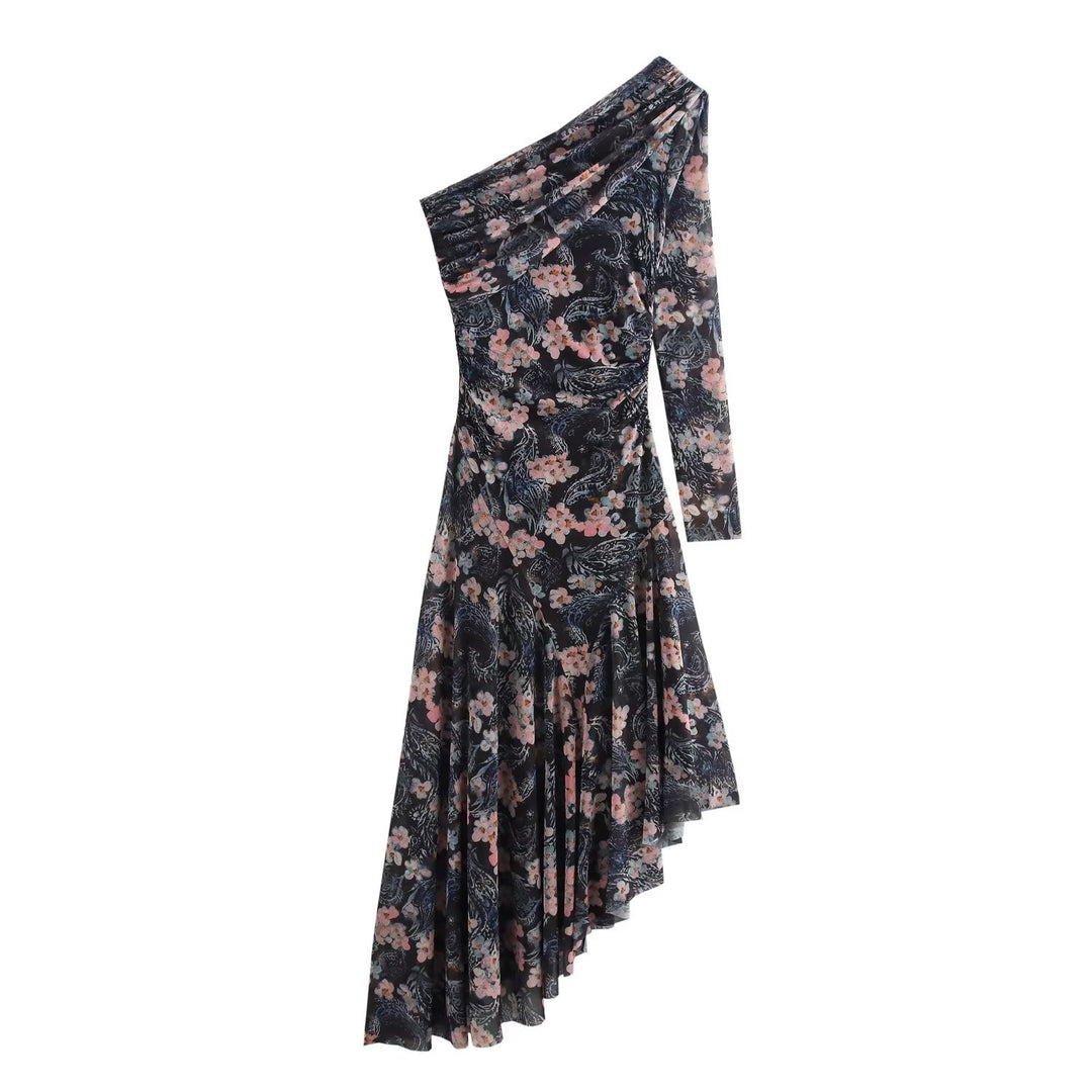Women Asymmetrical One-Shoulder Dress with Long Sleeve and Tiered Skirt Mune Fashion