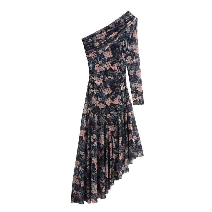 Women Asymmetrical One-Shoulder Dress with Long Sleeve and Tiered Skirt Mune Fashion