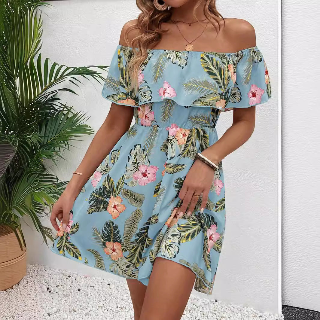Women's off-shoulder midi dress with ruffle top, elastic waistline, and flared A-line skirt Mune Fashion
