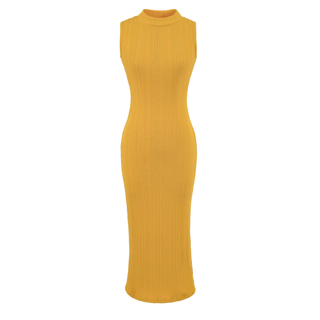 Women’s midi dress in rib knit, sleeveless slim-fit with stand-up collar Mune Fashion