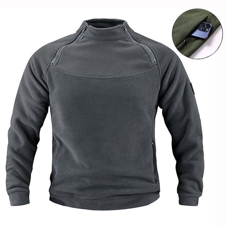 Men's tactical fleece pullover with shoulder zippers, chin guard, and Velcro panel Mune Fashion