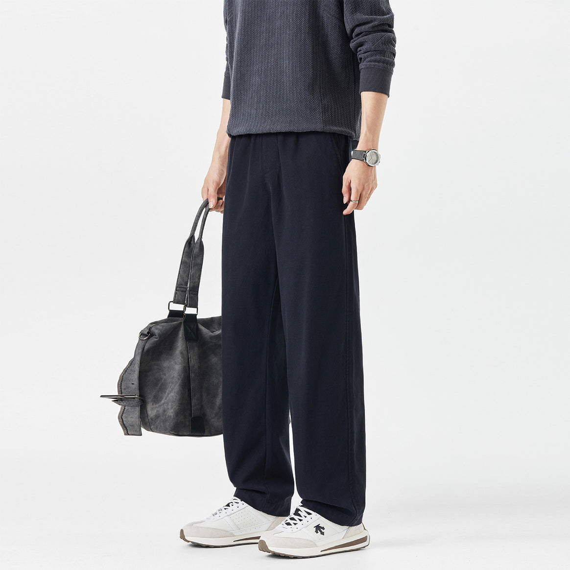 Men's Relaxed Cotton Pants with Elastic Waistband and Wide Leg Mune Fashion