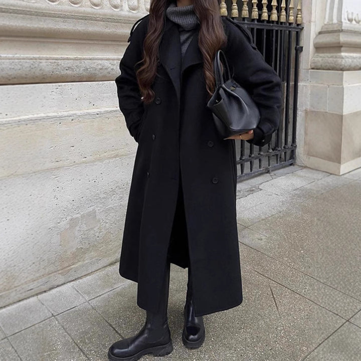 Women's Long Wool Blend Coat with Wide Lapels, Epaulettes and Adjustable Sleeve Straps Mune Fashion