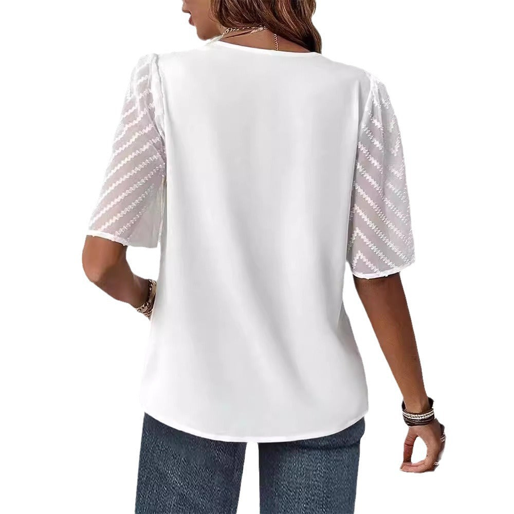 Women's elegant chiffon top with pleated V yoke and transparent zigzag sleeves Mune Fashion