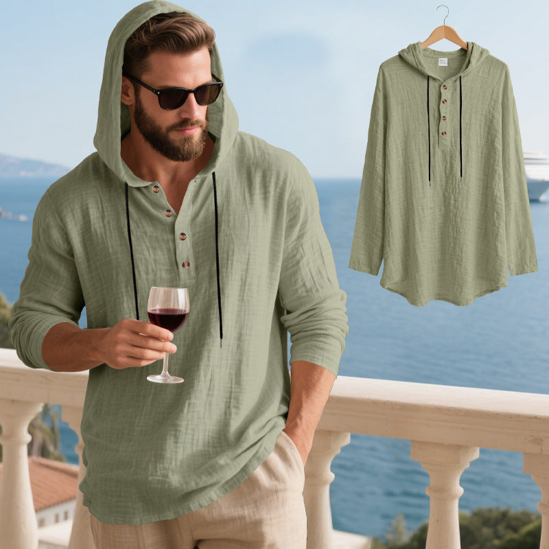 Men's casual hooded Henley shirt in linen look with continuous button placket and relaxed fit Mune Fashion