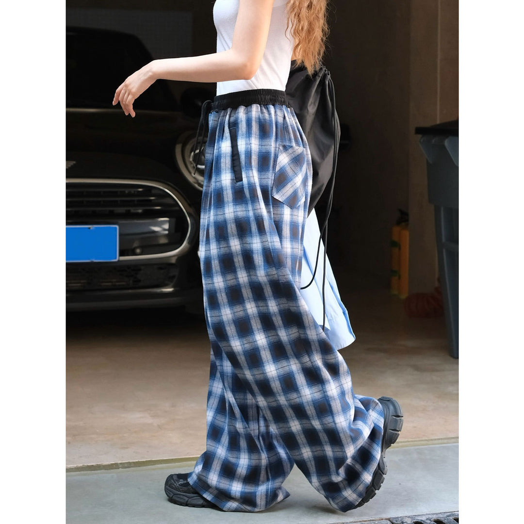 Women's wide checkered flannel palazzo pants with elastic waistband and drawstring Mune Fashion