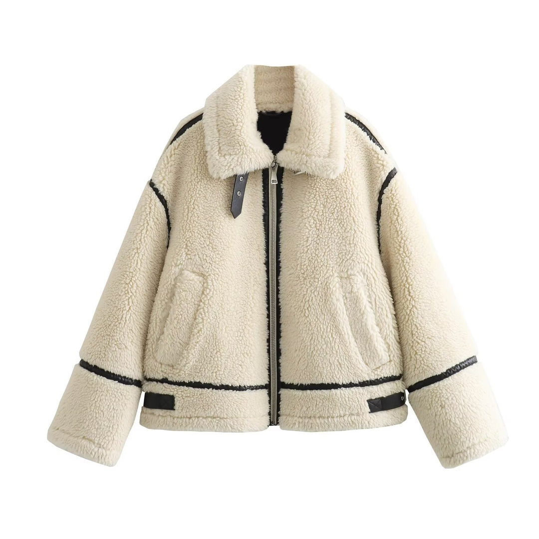 Women's Oversized Teddy Jacket in Aviator Style with Faux Leather Piping, Stand Collar and Zipper Mune Fashion