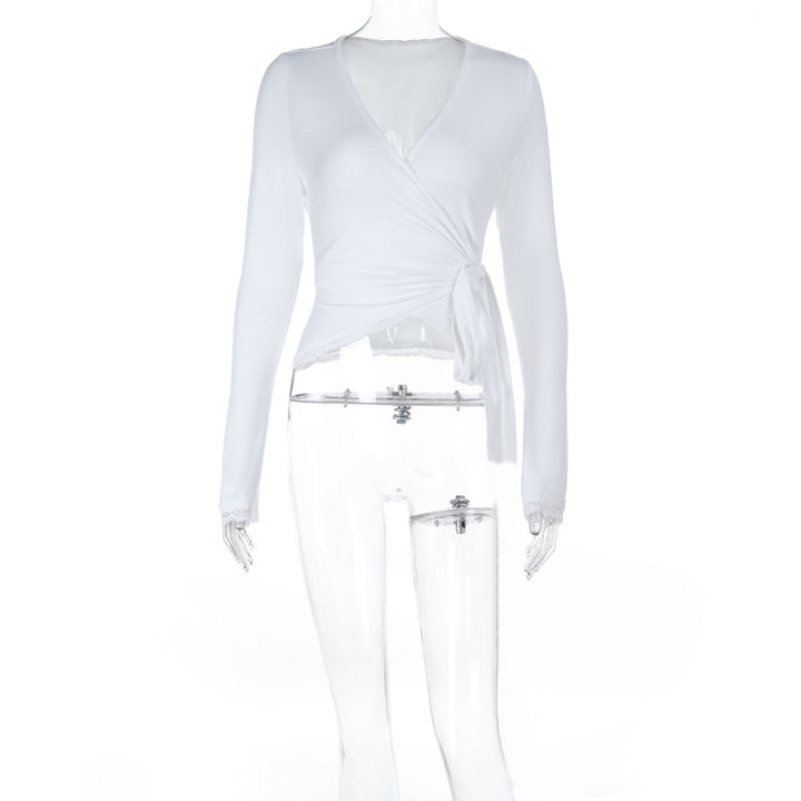 Women's figure-hugging wrap blouse made of stretch jersey with lace trim Mune Fashion